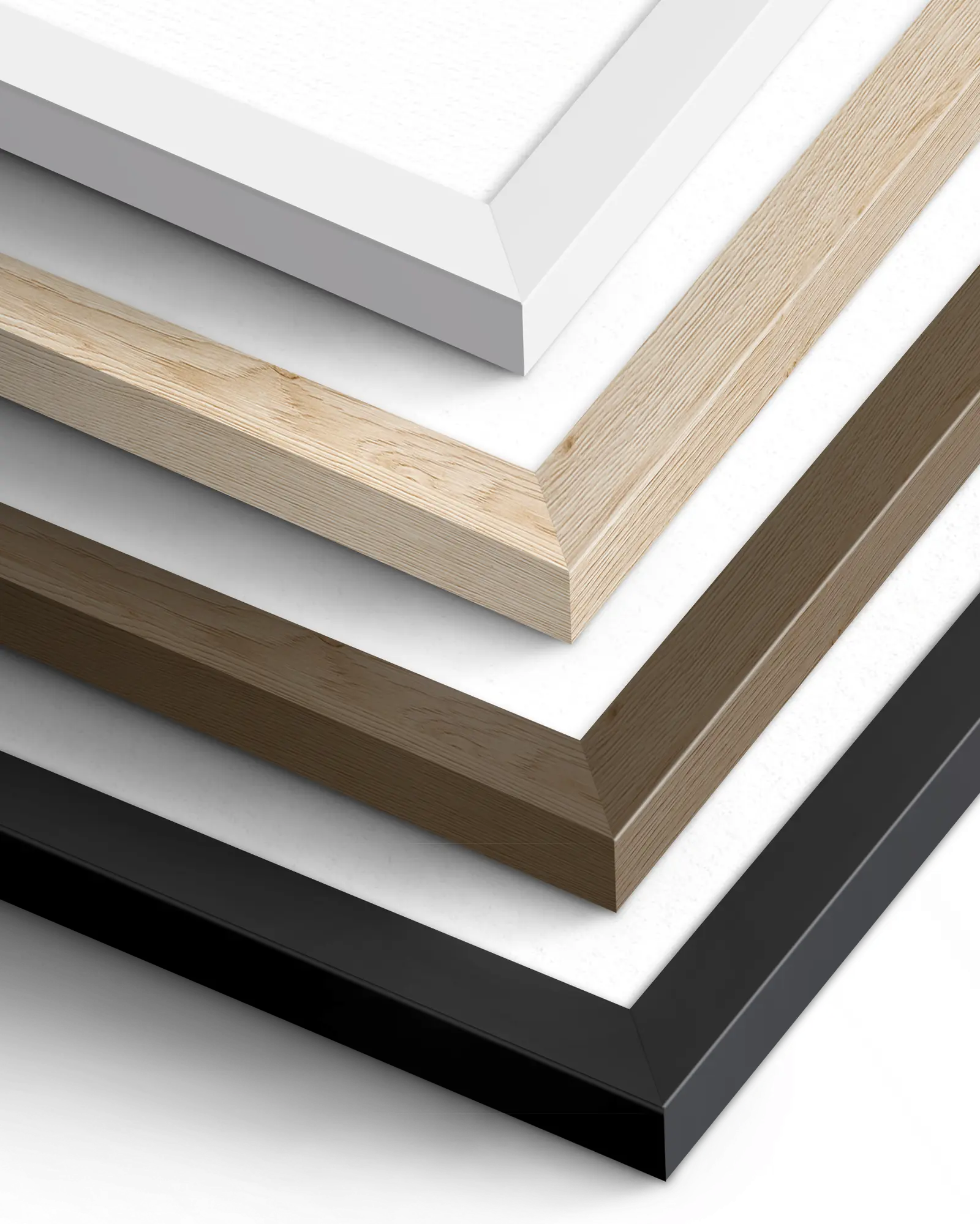 Close-up of white, natural wood, dark wood and black frame finishes