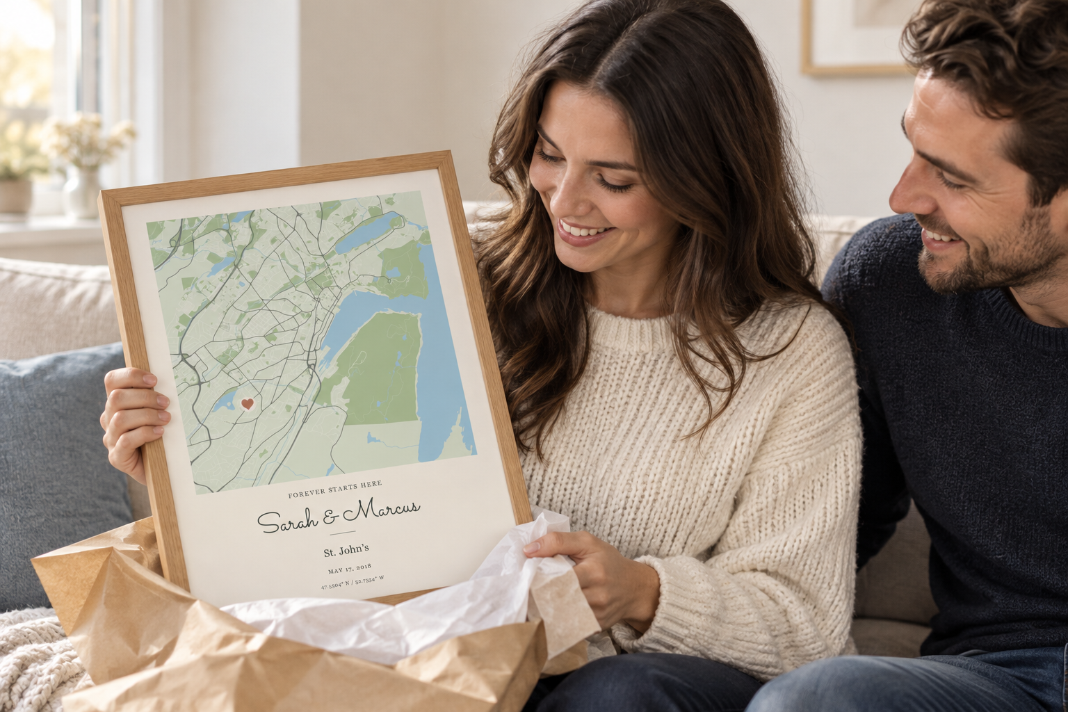 Illustrative scene of a woman smiling as she unwraps a personalized St. John’s map in an oak frame, with her partner beside her