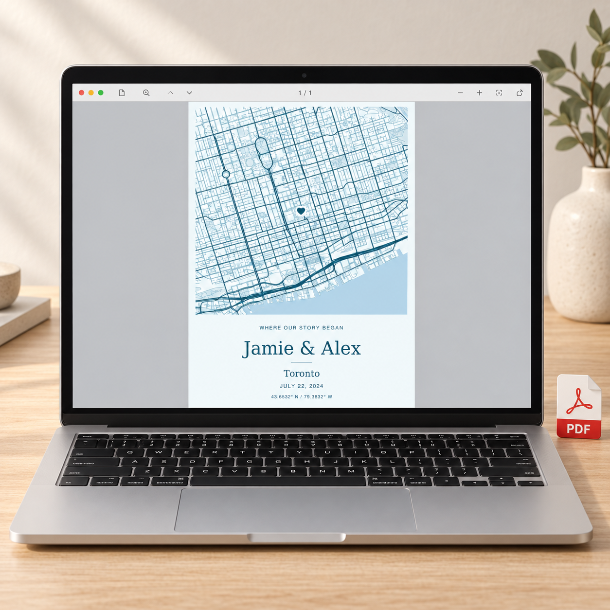 Personalized Ocean map displayed as a printable PDF on a laptop