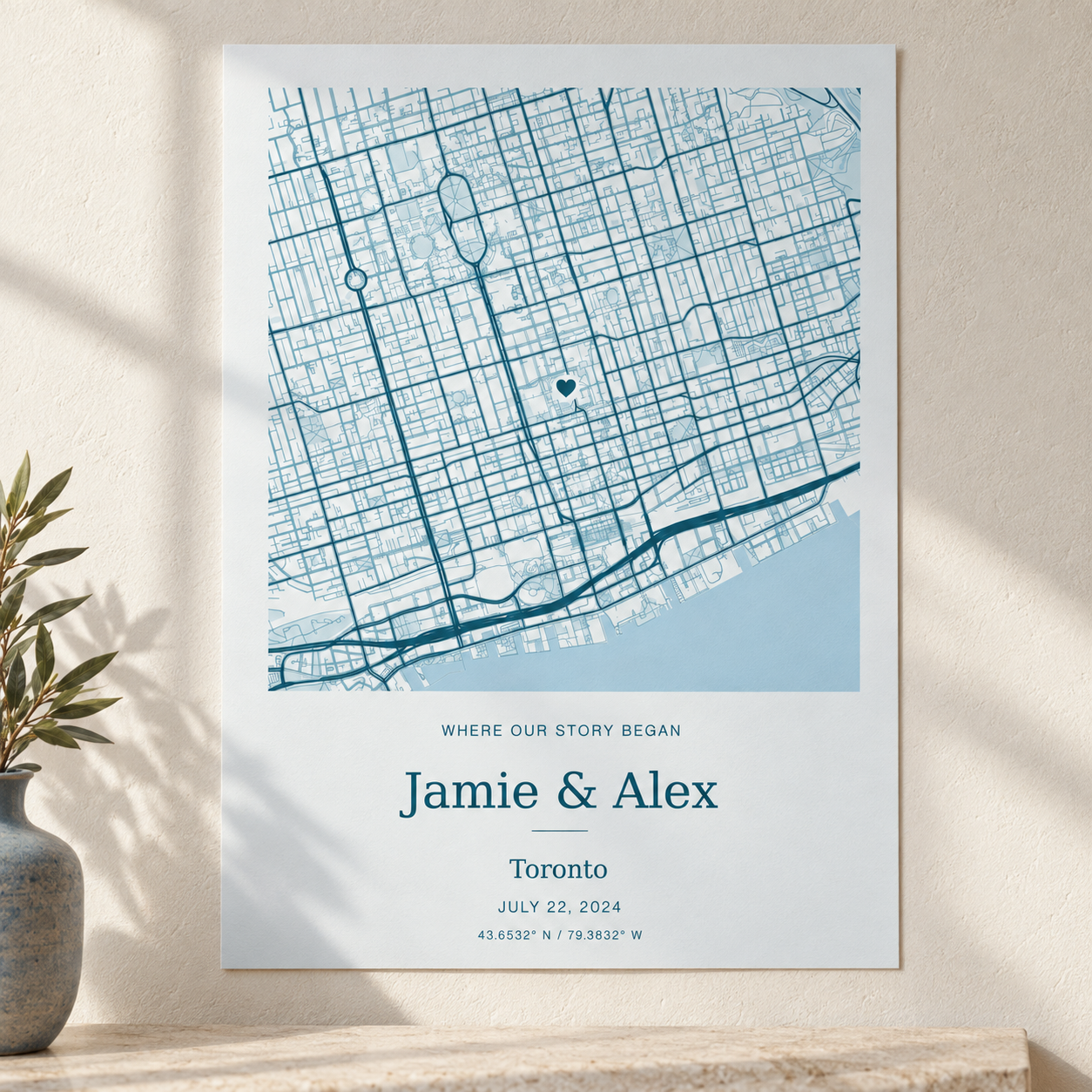 Ocean-style matte map poster displayed on a wall without a frame