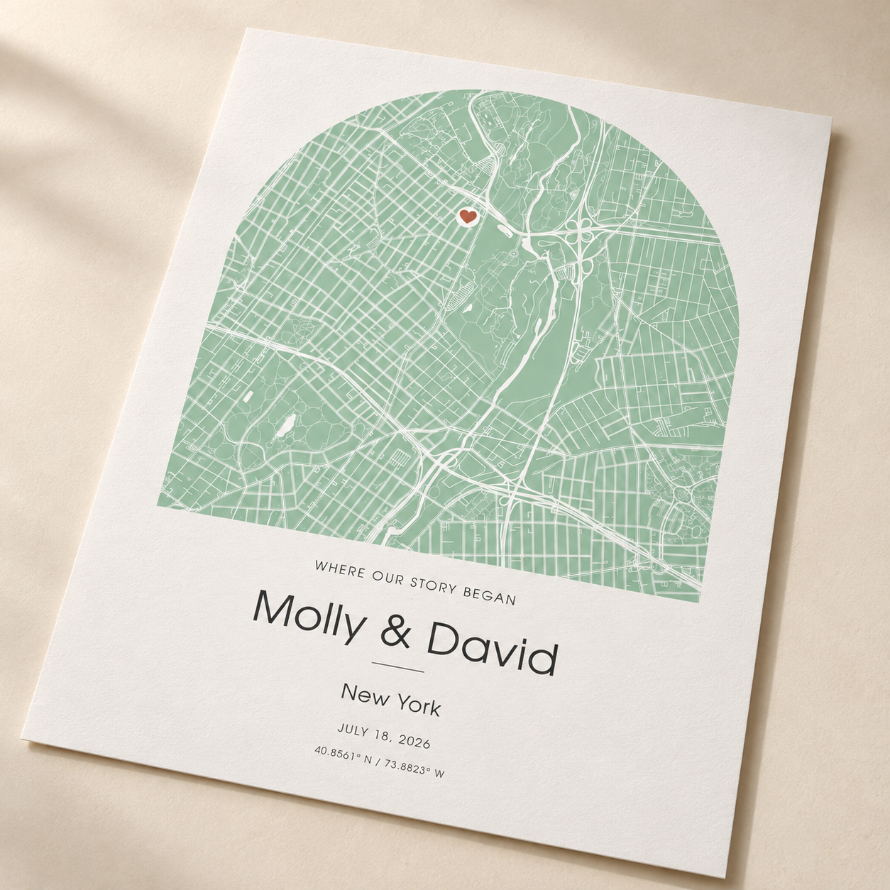 Sage green arch-shaped personalized map on an unframed paper poster