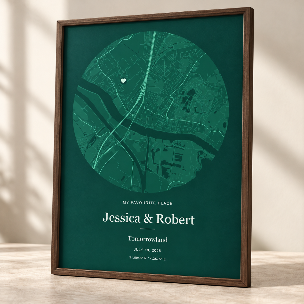 Emerald green circle map print in a walnut frame