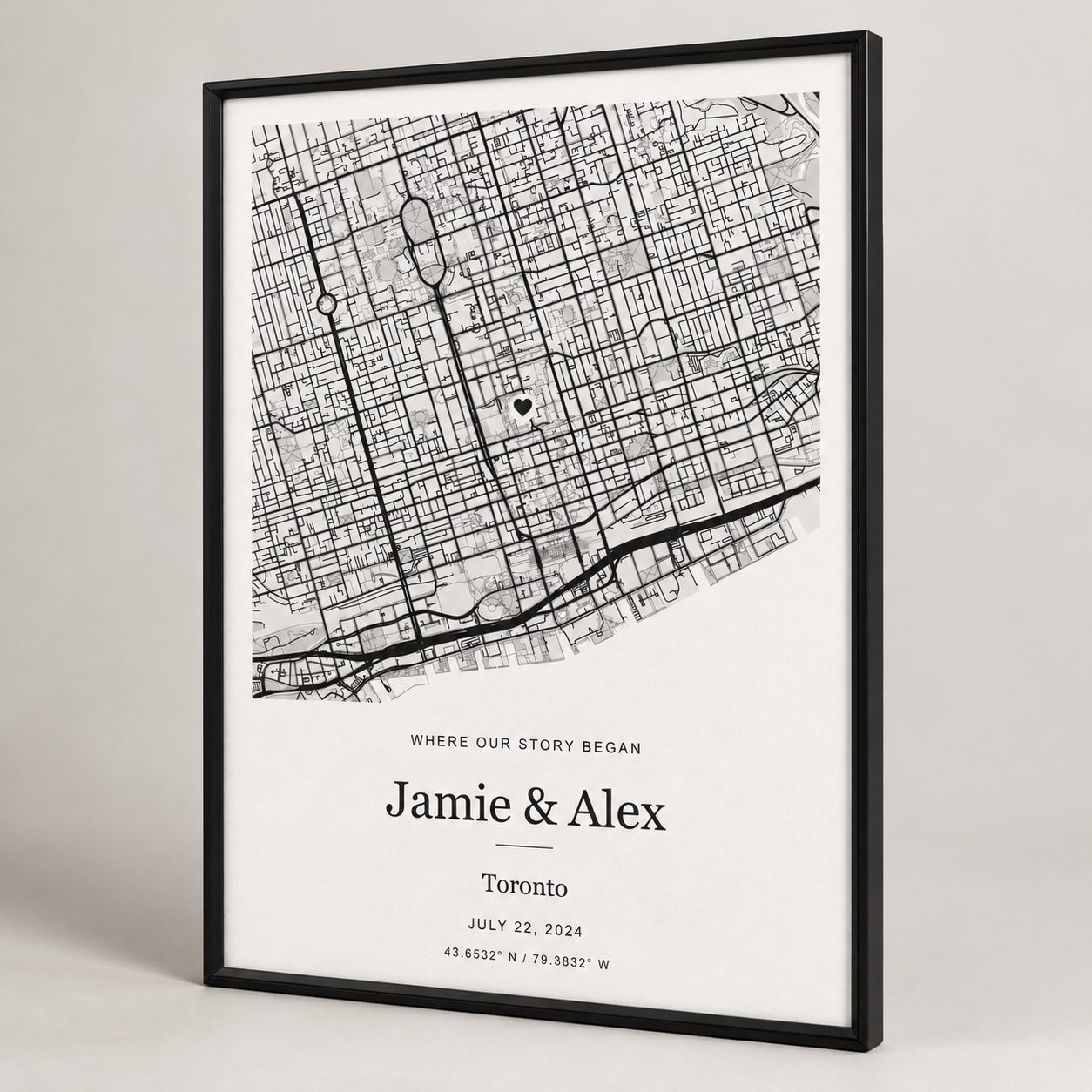Black and white personalized street map in a slim black frame